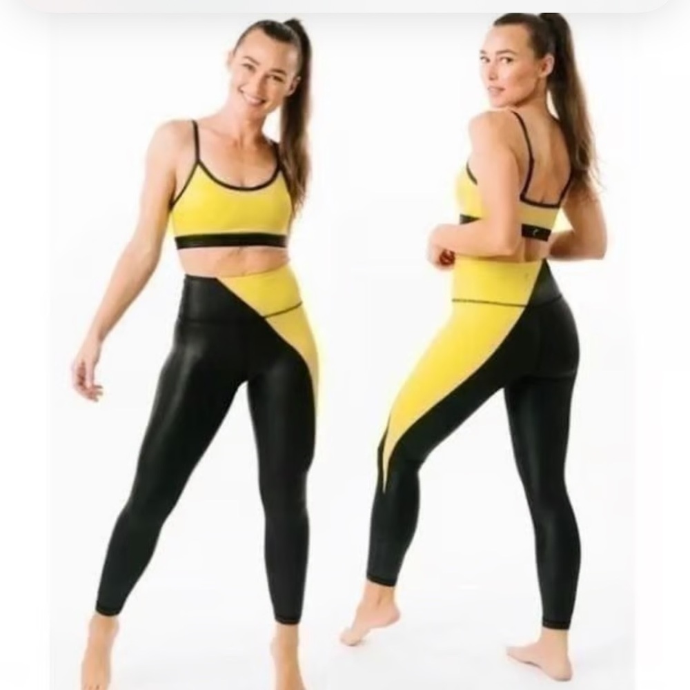 Zyia Active Woman's Neon Yellow Metallic Light N Tight Hi-Rise Leggings Sz 14-16